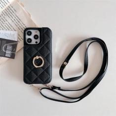 Imagem de Alça de ombro carteira de couro slot para cartão caso para iphone 11 12 13 14 15 pro max mais cordão telefone saco capa com anel, preto, para iphone 13