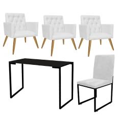 Imagem de Kit Escritório Stan 3 Poltronas Capitonê com Cadeira e Mesa Industrial Tampo Preto Corino Branco - Ahz Móveis