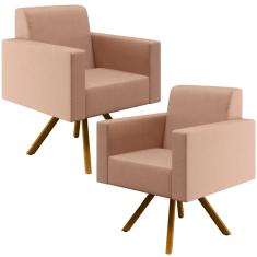 Imagem de Kit 02 Poltronas Decorativa Base Giratória de Madeira Helô L02 Linho Rosê - Lyam Decor