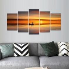 Imagem de Quadro Pôr do Sol Oceano Barco Mar Mosaico 5 Peças