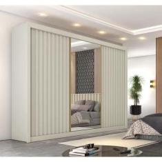 Imagem de Guarda Roupa Ripado com 3 Portas de Correr e Espelho Central - Éden-Off White - Móveis Europa