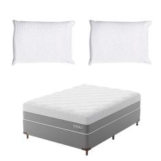 Imagem de Cama Box Casal com Colchão Sublime Mola Ensacada e Espuma Viscoelástica (32x138x188) Cinza e Branco com 2 Travesseiros Guldi Soft Nasa Branco