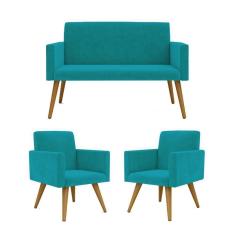 Imagem de Kit Sofá Namoradeira + 2 Poltronas Sala Estar Balaqui Decor Cor:azul Turquesa