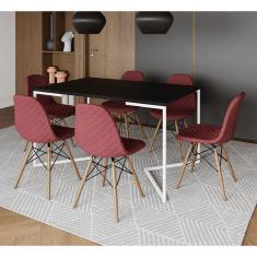 Imagem de Mesa Industrial Retangular Preta Base V Aço Branco 137x90cm C/ 6 Cadeiras Madeira Estofadas Vermelha