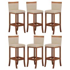 Imagem de Kit 6 Banquetas Média Encosto Estofado 38x92 Cm Paris Madeira Maciça Castanho Suede Bege CCS