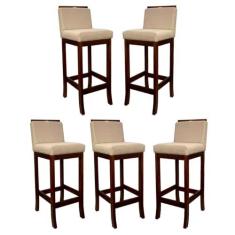 Imagem de Kit 5 Banquetas Média com Encosto Turim Madeira Castanho Linho Bege CCS