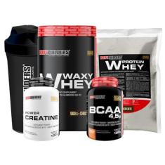 Imagem de Kit Waxy Whey 900g + Whey Protein 500g + BCAA 100g + Power Creatina 100g + Coqueteleira - Bodybuilders Sabor Chocolate