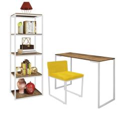 Imagem de Kit Escritório Ravi 1 Cadeira Suede Amarelo com 1 Mesa e 1 Livreiro Ferro Branco MDF Rústico - Ahazzo Móveis