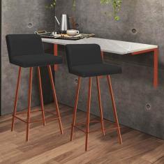 Imagem de Kit Mesa Suspensa de Parede Fixa MDF Marmorizado + 2 Banquetas Lexi Ferro Bronze Corino Preto - Ahazzo Móveis