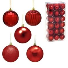 Imagem de Conjunto 18 Bolas Arvore Natal 6cm Brilhante Fosco Glitter Relevo Enfeite Natalino Premium Vermelho