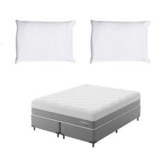 Imagem de Cama Box Viúva com Colchão Sublime Mola Ensacada e Espuma Viscoelástica (32x128x188) Cinza e Branco com 2 Travesseiros Guldi Soft Nasa Branco