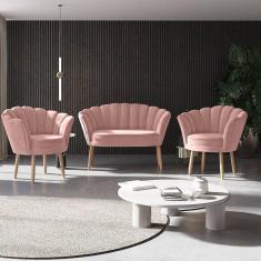 Imagem de Kit 02 Poltronas Decorativas e Namoradeira Sofá Pétala Luxo Veludo Rosa Pés Palito - Visan Estofados