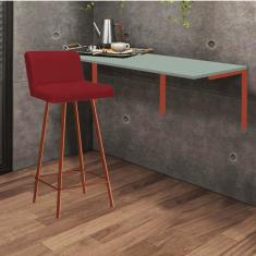 Imagem de Kit Mesa Suspensa de Parede Fixa MDF Verde Oliva + 1 Banqueta Lexi Ferro Bronze Corino Vermelho - Ahazzo Móveis