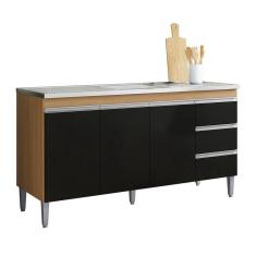 Imagem de Balcão Gabinete Para Pia Andreia Com Tampo 160cm 3 Portas 3 Gavetas Amendoa - Pt - Ajl Móveis