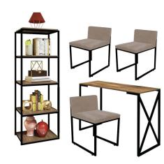 Imagem de Kit Escritório Bex 3 Cadeiras Corino Bege com 1 Mesa e 1 Livreiro Ferro Preto MDF Caramelo - Ahazzo Móveis