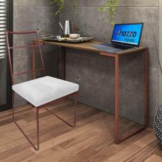 Imagem de Kit Escritório Stark Cadeira e Mesa Industrial Ferro Bronze Tampo MDF Rústico Suede Branco - Ahz Móveis