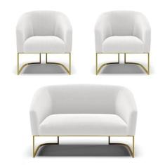 Imagem de Sofá Namoradeira e 2 Poltronas Base Industrial Dourado Stella Bouclê Off White D03 - D'Rossi