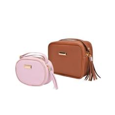 Imagem de Bolsa Feminina Kit 2 Peças Quadrada Média Caramelo Transversal + Oval 