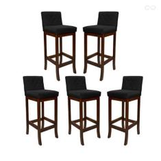 Imagem de Kit 5 Banquetas Média com Encosto Matelassê Tóquio Madeira Maciça Suede Preto CCS
