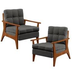 Imagem de Kit 02 Poltronas Decorativas Sala Estar Encosto Ripado Emília B04 Linho  Escuro - Lyam Decor