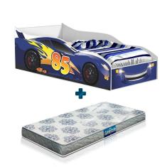 Imagem de Cama Carro Azul Infantil Blue Gabrielli Móveis Com Colchão Probel Guarda Costas