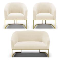 Imagem de Sofá Namoradeira E 2 Poltronas Base Industrial Dourado Stella Veludo D03 - D`rossi Cor Bege
