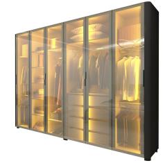 Imagem de Guarda Roupa de Casal Gelius Innova com  250 cm de Largura 6 portas com 6 portas de vidro reflecta 4 gavetas com pés e LED Preto Acetinado