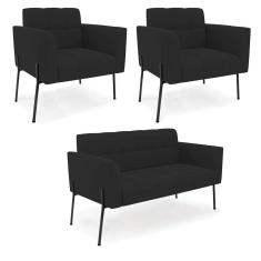 Imagem de Sofá Namoradeira E 2 Poltronas Pé De Ferro Preto Elisa Veludo D03 - D'rossi Cor Preto