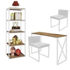 Imagem de Kit Escritório Bex 2 Cadeiras Corino Branco com 1 Mesa e 1 Livreiro Ferro Branco MDF Caramelo - Ahazzo Móveis