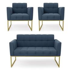 Imagem de Kit 1 Sofá Namoradeira E 2 Poltronas Elisa Suede Base Metálica Industrial Dourada Cor Azul Marinho