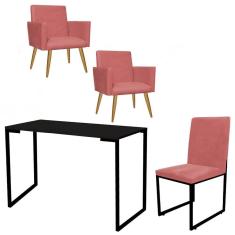 Imagem de Kit Escritório Stan 2 Poltronas com Cadeira e Mesa Industrial Tampo Preto Suede Rose Gold - Ahz Móveis