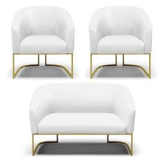 Imagem de Sofá Namoradeira E 2 Poltronas Base Industrial Dourado Stella Corino D03 - D`rossi Cor Branco