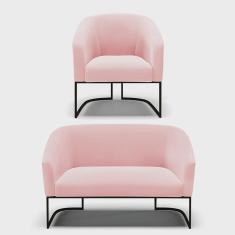 Imagem de Sofá Namoradeira e Poltrona Base Industrial Preto Stella Suede Rosa Bebê D03 - D'Rossi