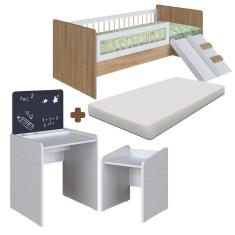 Imagem de Kit Cama Montessoriana E Colchão Com Mesa Com Quadro E Banqueta Infantil Aveiro Oak Branco Spencer Shop Jm