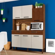 Imagem de Armário De Cozinha Compacta 132cm Stella K02 Nogueira/off White/ripado - Mpozenato