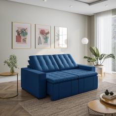 Imagem de Sofá Cama Retrátil e Reclinável 3 Lugares 200cm em Veludo com Molas e Braço Reto Palmeira Cabecasa M Azul