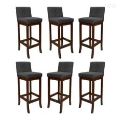 Imagem de Kit 6 Banquetas Alta para Ilha de Cozinha Tóquio Madeira Maciça Matelassê Suede Cinza CCS