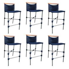 Imagem de Kit 6 Banquetas Anne em Corda Náutica Base em Alumínio Cinza com Detalhe em Madeira Azul Marinho