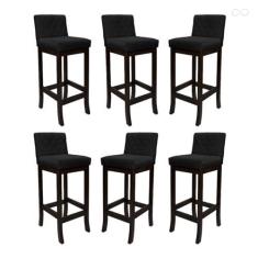 Imagem de Kit 6 Banquetas Média para Balcão de Cozinha Tóquio Madeira Maciça Matelassê Suede Preto CCS