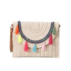 Imagem de FARZI Bolsa de mão de palha estilo étnico, cor sólida, bolsa de tecido de palha para praia, bolsa transversal