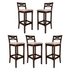Imagem de Kit 5 Banquetas Alta Estofada para Bancada Madri Madeira Capuccino Suede Bege CCS