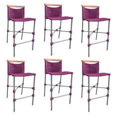 Imagem de Kit 6 Banquetas Anne Em Corda Náutica Base Em Alumínio Cinza Com Detalhe Em Madeira Rosa - Cor: Rosa