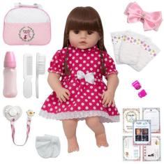 Imagem de Boneca Reborn Real Gatinha Vestido De Bolinha Bolsa 20 Itens - Cegonha