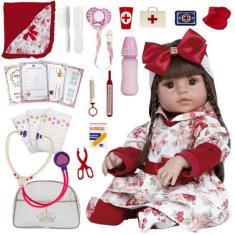 Imagem de Boneca Estilo Reborn Menina Castanho Diversos Itens Barata - Cegonha R