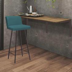 Imagem de Kit Mesa Suspensa de Parede Fixa mdf Freijó + 1 Banqueta Lexi Ferro Marrom Suede Azul Turquesa - Ahazzo Móveis