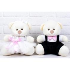 Imagem de Casal Ursos Tedde Pajem Preto, Daminha Branca - Pelúcia Palha 18 cm (Pajem Preto, Daminha Branca, detalhes rosa - Pelúcia Palha)