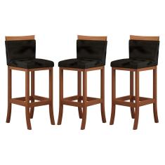 Imagem de Kit 3 Banquetas Alta Encosto Estofado 38x102 Cm Paris Madeira Maciça Castanho Suede Preto - CCS