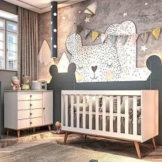 Imagem de Quarto de Bebê Lígia Retrô Berço 3 em 1 Ludmila Cômoda 4 Gavetas com Porta Branco com Bétula Carolina Baby