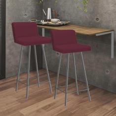 Imagem de Kit Mesa Suspensa de Parede Fixa mdf Castanho + 2 Banquetas Lexi Ferro Prata Suede Bordô - Ahazzo Móveis