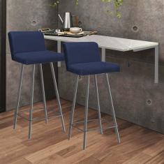 Imagem de Kit Mesa Suspensa de Parede Fixa MDF Marmorizado + 2 Banquetas Lexi Ferro Prata Corino Azul Marinho - Ahazzo Móveis